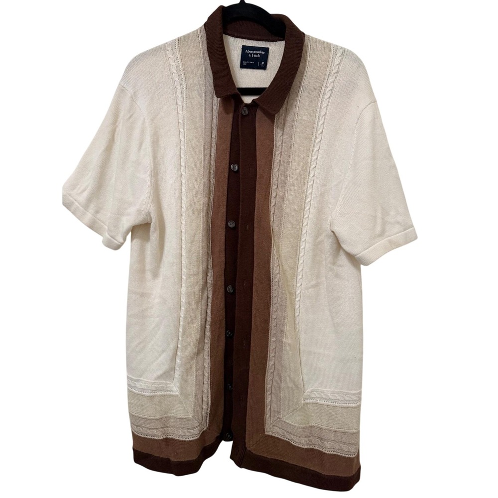 Abercrombie & Fitch Mens Medium Brown Cream Colorblock Knit Button Up Polo Shirt